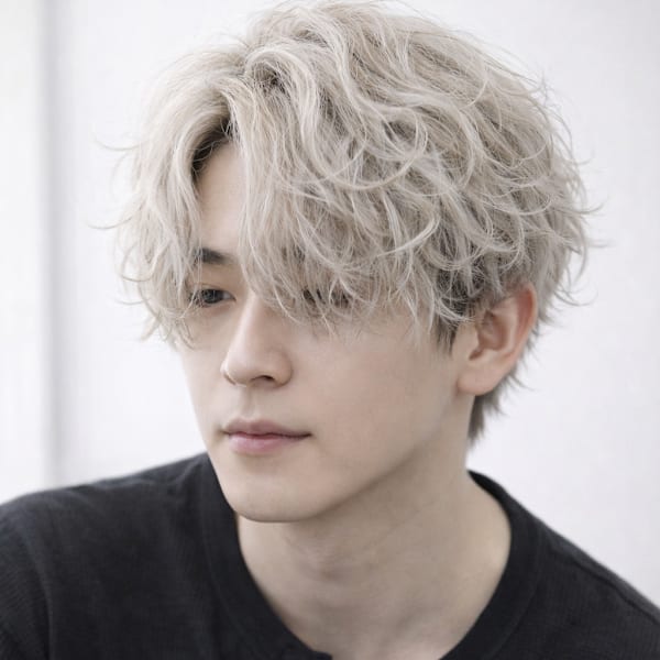 ホワイトブロンド×波巻きパーマ