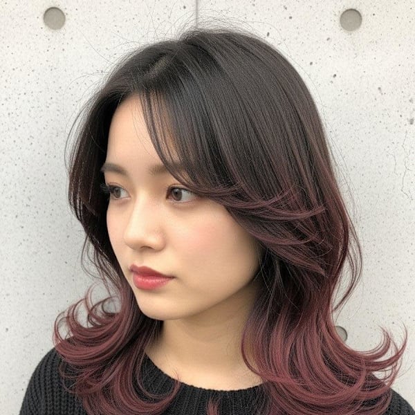 ワインレッド/ミディアムレイヤー/韓国巻き/エンドカラー