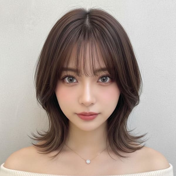 韓国風くびれミディアム外ハネウルフ×ショコラブラウン小顔ボブ