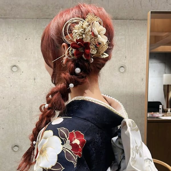 編み下ろしアレンジ ローポニー 成人式ヘア 着付け アップ