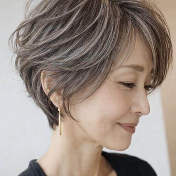 大人の立体感ショートグレージュ白髪ぼかしハイライト|B-WORLD