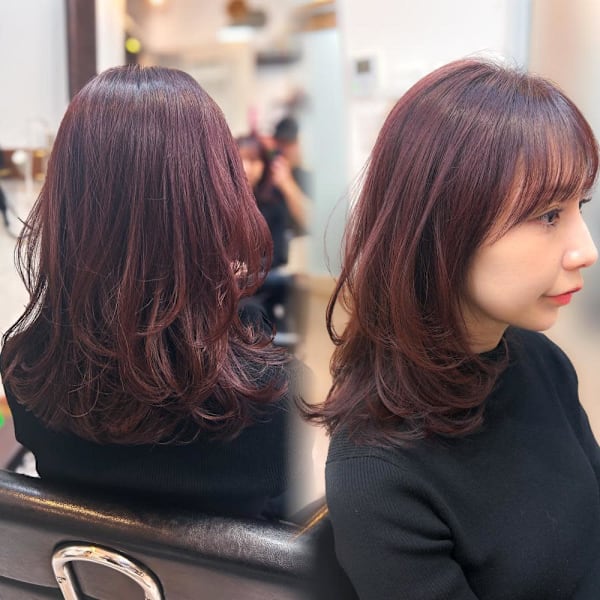 顔周りレイヤー/ウルフ/ローズピンク/シースルーバング