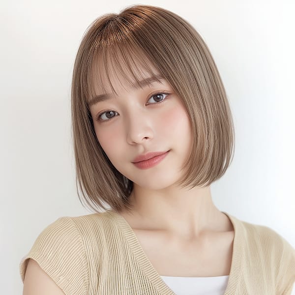 ツヤ髪パールベージュ小顔切りっぱなしボブp1ウォームベージュ