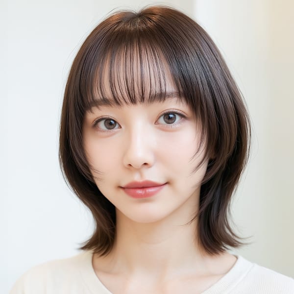 顔回りレイヤーカット外ハネ小顔ミディアムp1　ハッシュボブ