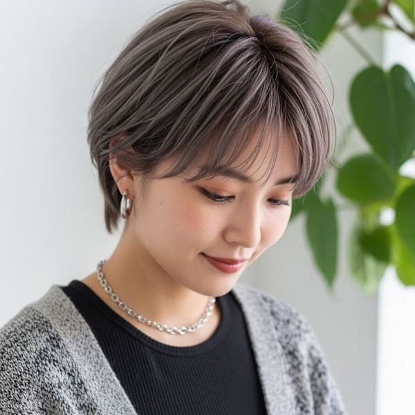 シャギーカットショート、スモーキーカラー、ストリートガーリ