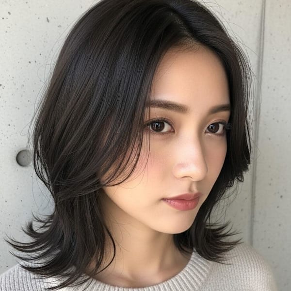 顔周りカットボブ、シャギーカット、ダークブラウン、かわいい|FURUSHO 苦楽園