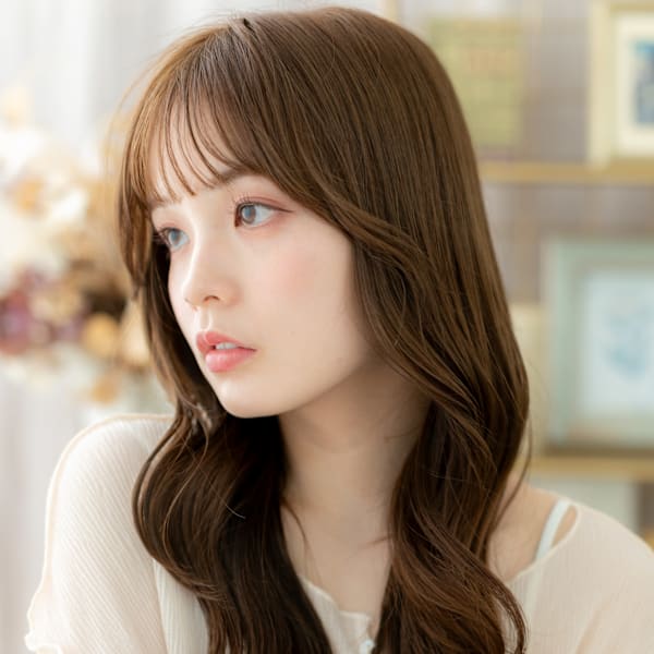 大人美人透けバング韓国巻きレイヤーロング　ミルクブラウンb