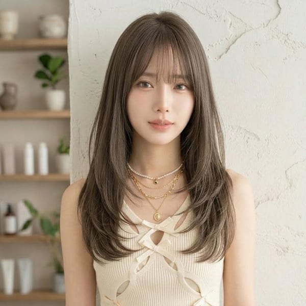 韓国風レイヤーカット透明感グレージュで魅せ大人可愛いセミディ