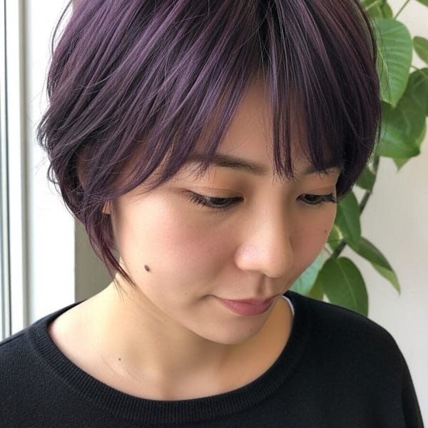 シャギーショート/ダークパープル前髪ありボブ/大人可愛い