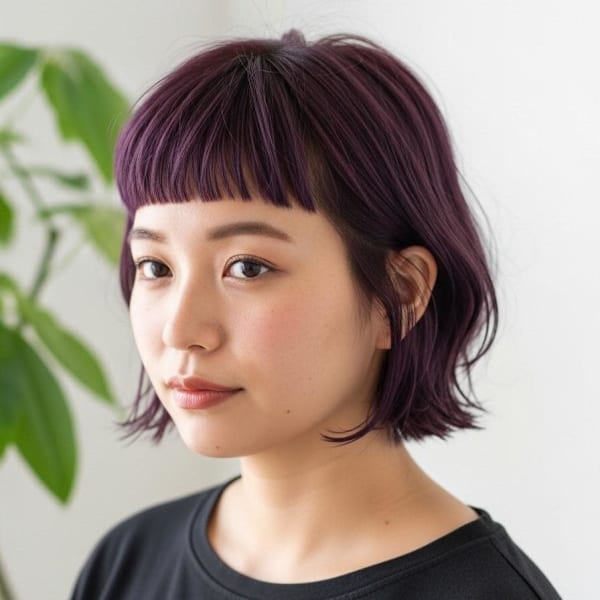 シャギーショート/ダークパープル/かわいい/前髪ぱっつんボブ