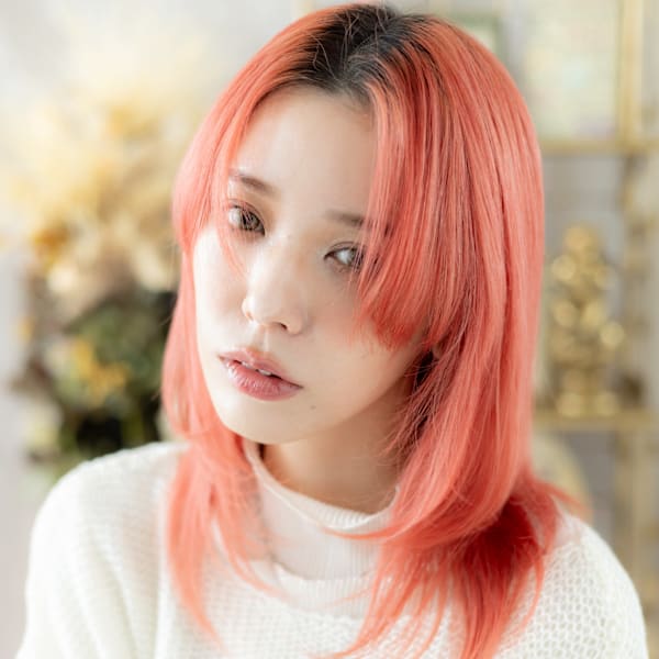 アプリコットオレンジ小顔姫カットレイヤーウルフシャギーカット