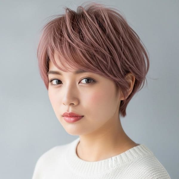 シャギーショート/ピンクミルクティーベージュ/ボーイッシュ　