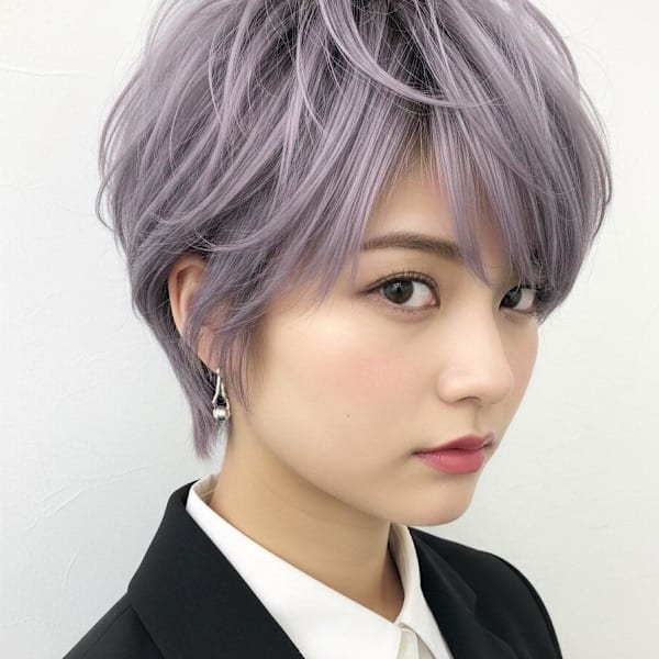 シャギーショート/ラベンダーグレー/ボーイッシュボブ/耳かけ