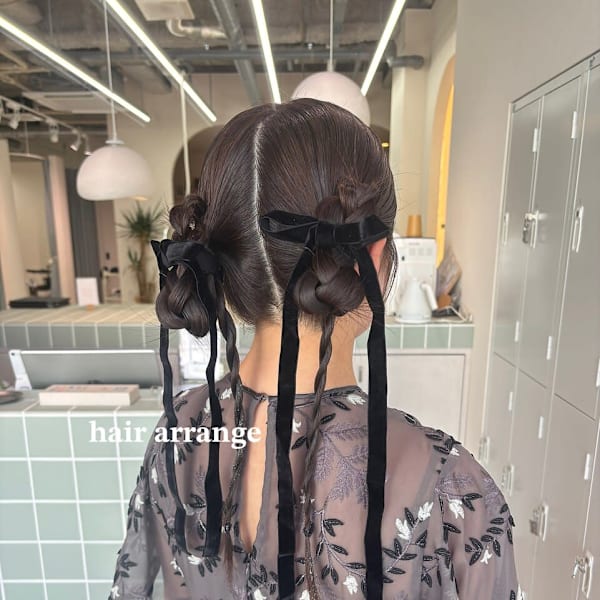 お呼ばれヘアセット/タイトヘア/ツインアレンジ/編み下ろし
