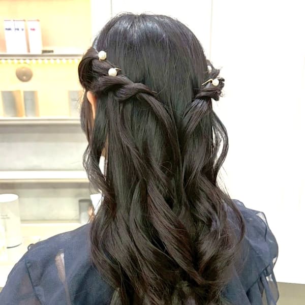 ハーフアップ 結婚式 パーティー 巻き髪アレンジ ヘアセット