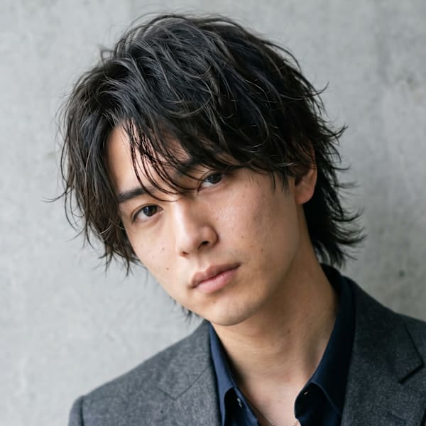 横浜桜木町メンズヘア・波巻きウルフカット×アッシュブラック