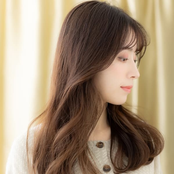 グレージュブラウン韓国巻き毛先パーマヨシンモリ30代40代