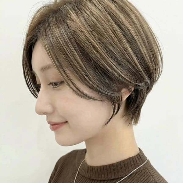 モカブラウン大人美人クールショートマッシュ 地毛ハイライト