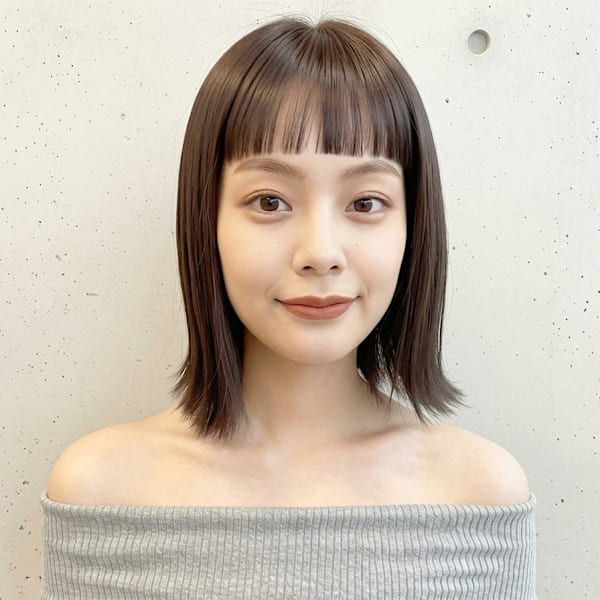 ぱっつん前髪ダークアッシュ切りっぱなしボブ ワンレン