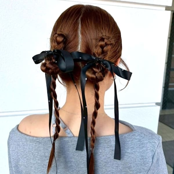 ツイン三つ編み 編み下ろし リボン ヘアセット 結婚式ヘア
