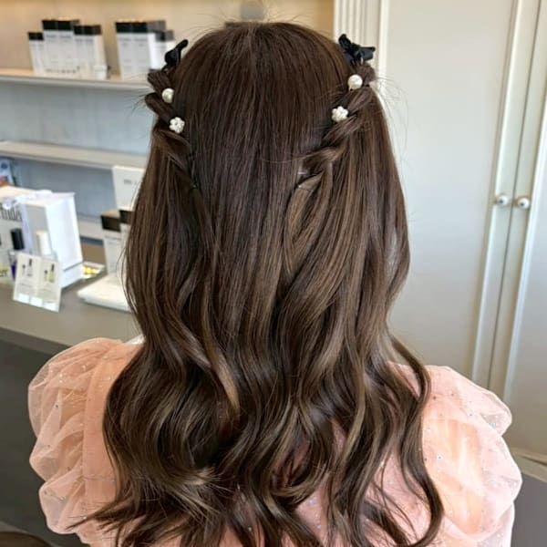 ゆる巻き ハーフアップ ハーフツイン ねじり編み ロングヘア