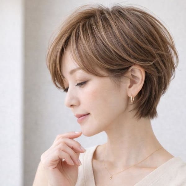 ◇大人40代50代60代ショートボブ丸みショート白髪ぼかし