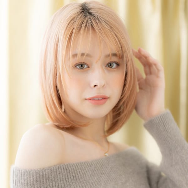 ミルクティーブロンドダブルカラー小顔ハッシュボブ10代20代