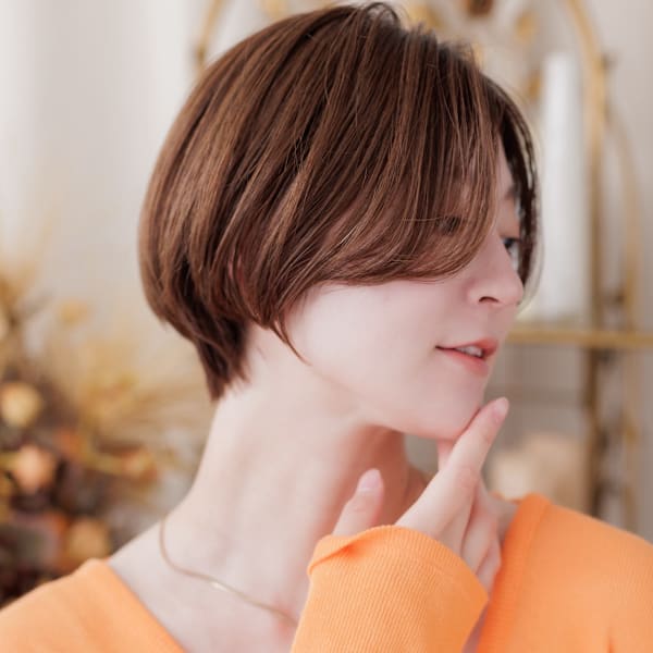 シンメトリー小顔ミニボブ艶髪モカブラウンブリーチなし30代