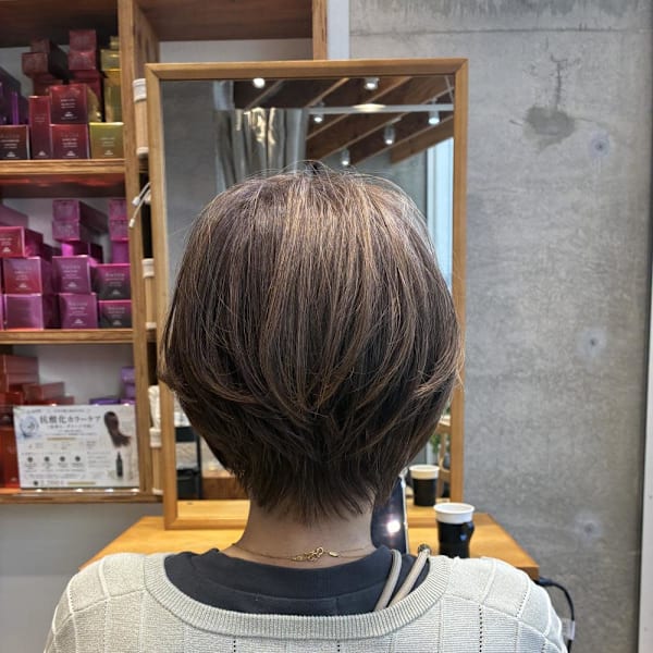 ◇大人40代50代60代ショートボブ丸みショート白髪ぼかし