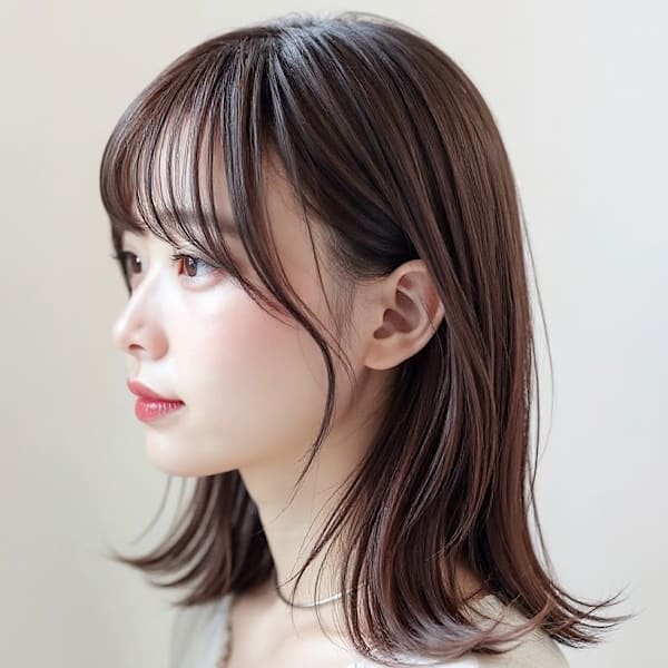 流し前髪ヘーゼルグレージュ透け感セミディp2　くびれレイヤー