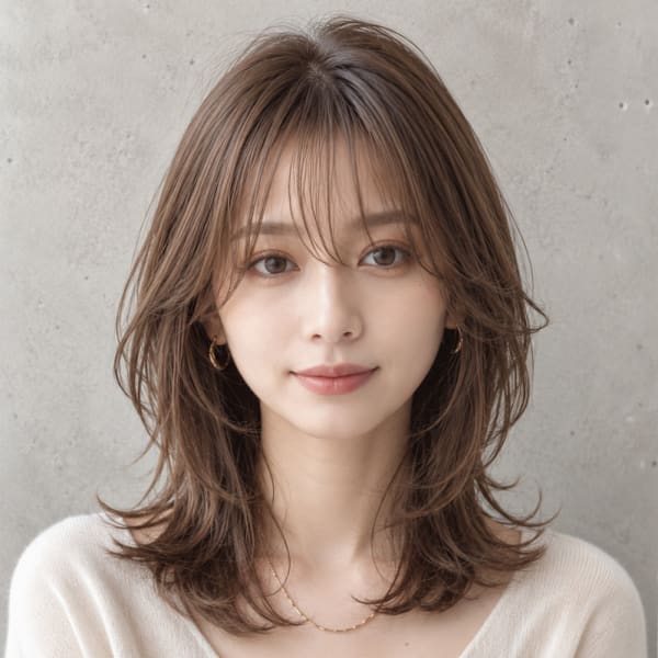 外国人風シースルーバング×ミディアムレイヤー|hairs BERRY 長住店