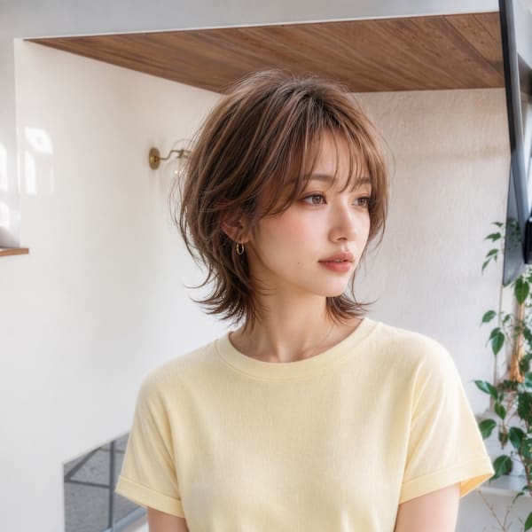 シフォンベージュの外ハネショートウルフ