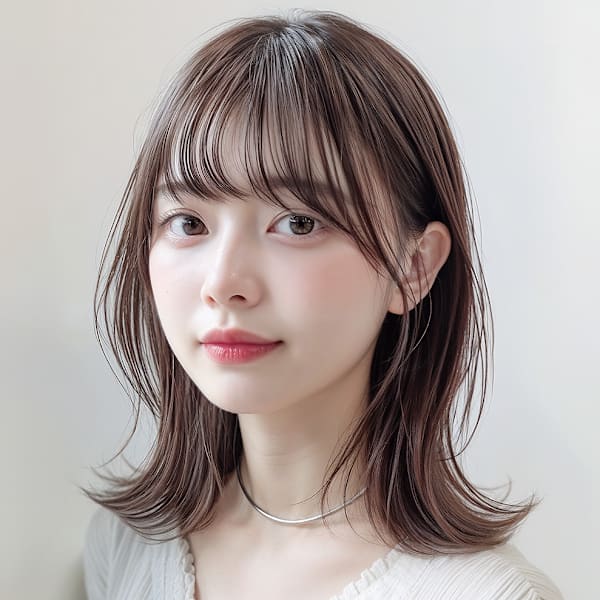 流し前髪ヘーゼルグレージュ透け感セミディp2　ハッシュカット