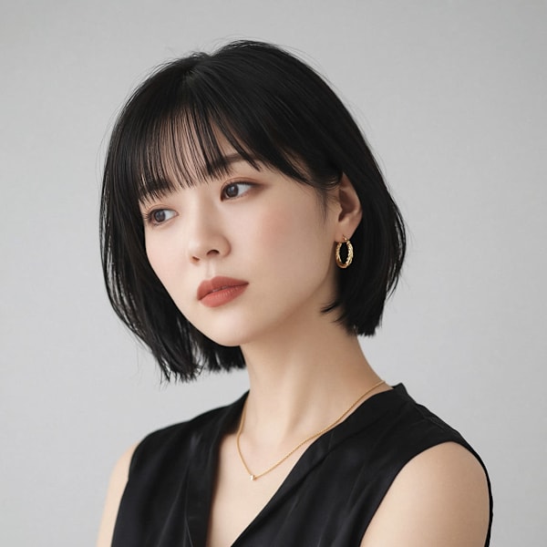 暗髪でも透明感。シースルーバングの大人ボブ 