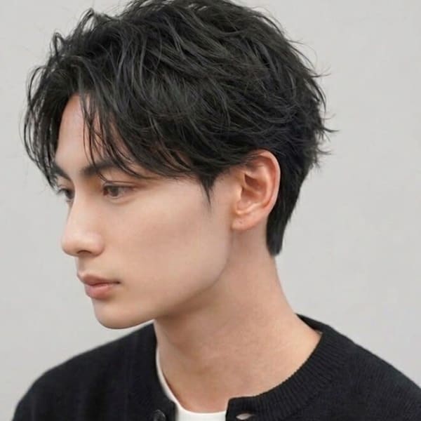 メンズショート センターパート ニュアンスパーマ 黒髪