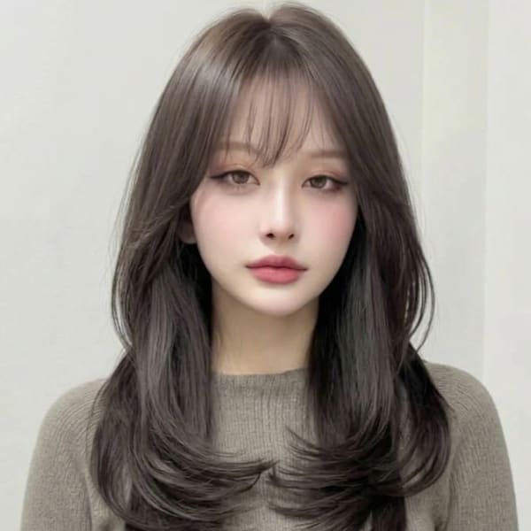 ダークアッシュブラウン小顔韓国巻きヨシンモリ レイヤーウルフ