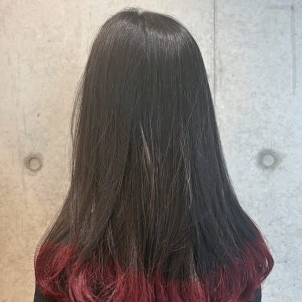 エンドカラー 黒髪 レッド ブリーチカラー 裾カラー ロング