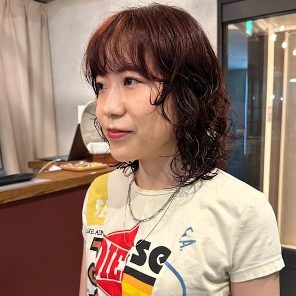 ボブパーマ ニュアンスパーマ オレンジブラウン 前髪カット