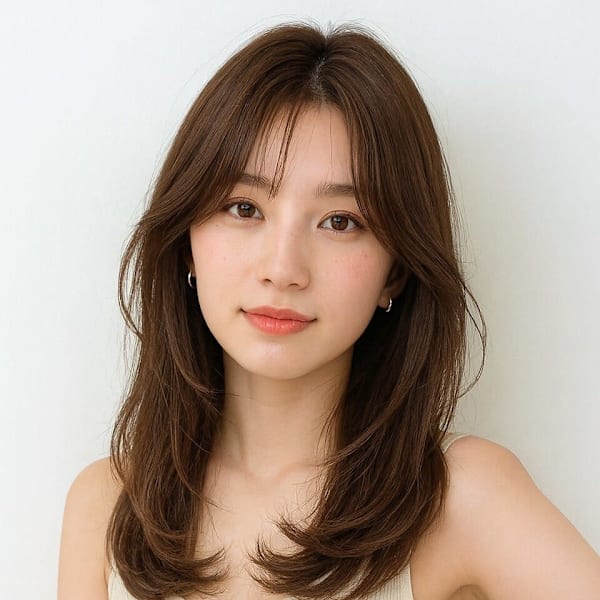 オリーブグレージュ レイヤーカット 顔周りカット 韓国ヘア