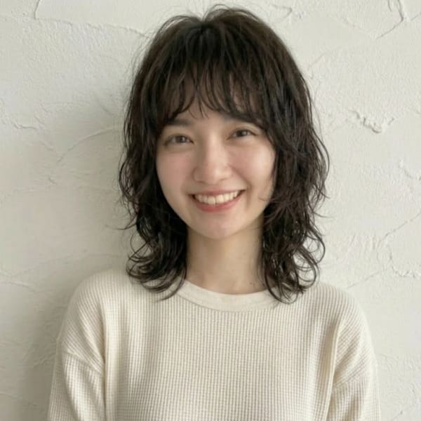 黒髪アッシュコテ巻き風パーマクラゲウルフ レイヤーウルフ