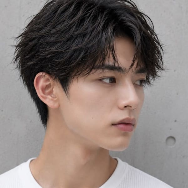 ツイストパーマ センター分け マッシュショート 黒髪 20代