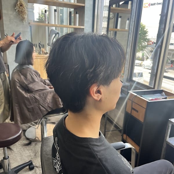 サーフカールアップバングシャドウパーマセンター分けマッシュ