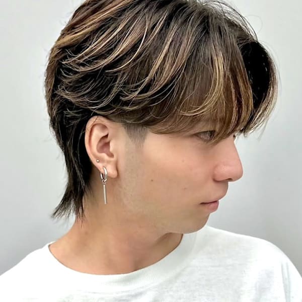 センターパート ハイライト ベージュ メンズパーマ マッシュ