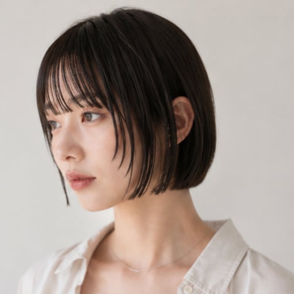 ショートボブ ダークブラウン 顔周りカット 前髪カット