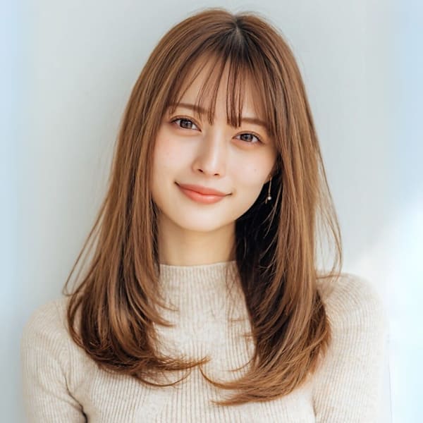 ブラウンベージュ レイヤーカット 顔周りカット 30代