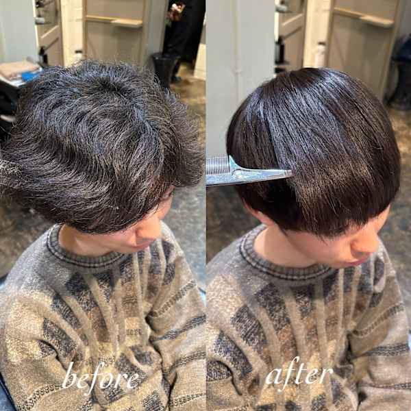 自然な仕上がりで清潔感UP。メンズ専用弱酸性縮毛矯正で、扱いやすい理想のストレートヘアに。|メンズ縮毛矯正専門店ENORE青山店