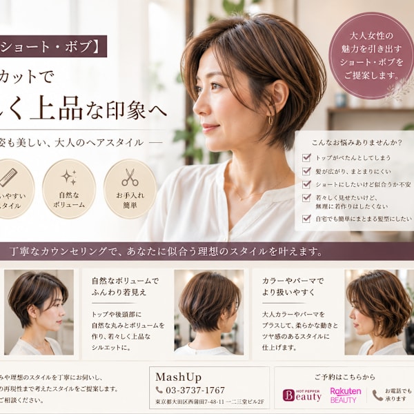 【大人ショート・ボブ】似合わせカットで若々しく上品な印象へ|美容室MashUp