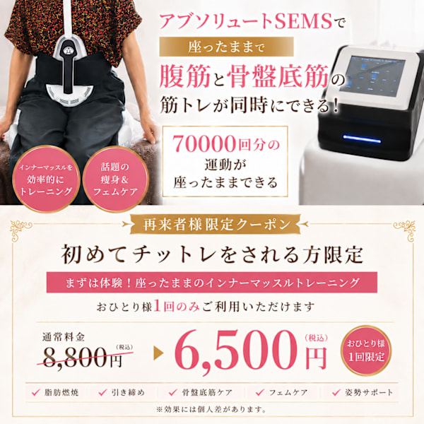 服を着たままOK!寝たまま“ちつトレ”で骨盤底筋を鍛えるアブソリュートSEMS30分【岐阜駅近く】