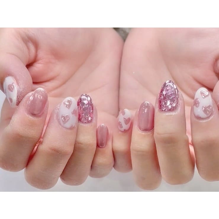 魅力的な | ピンクキラキラミラーハート ジェルネイル専門店 NAIL NICE ネイルチップ・付け爪