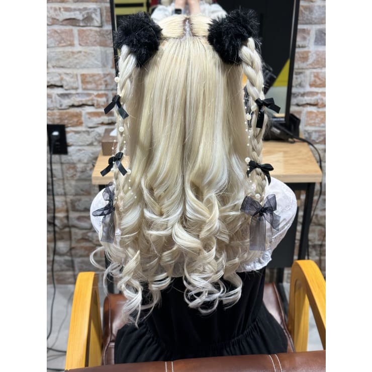 ☆ハーフツイン三つ編み☆もふもふ＆リボン＆パールガーランド
